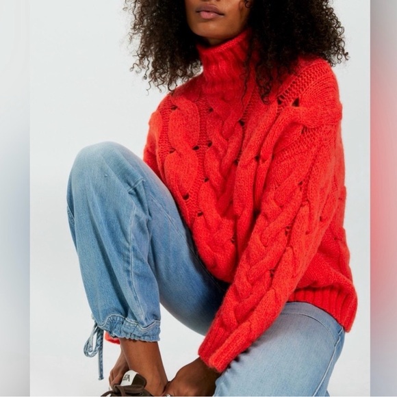 Free People Vibrant Red/Orange Cable Knit Turtleneck Sweater